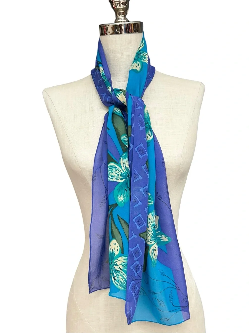 Vintage Silk Floral Oblong Scarf Blue Purple Tropical Flower Sheer